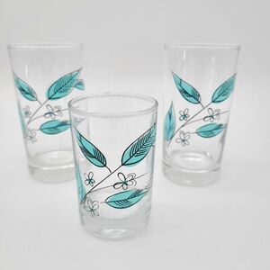 Royal Windsor Salem Biscayne Tiffany‎ Blue Leaf Glassware Set Of 3 Retro MCM